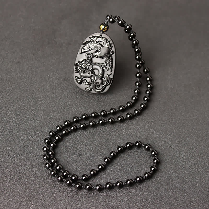 Fortune Jewel Black Obsidian Tiger Eye Dragon Phoenix Protection Beaded Necklace Pendant