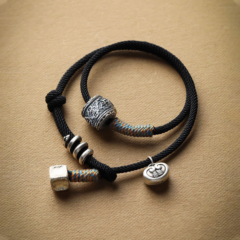 Fortune Jewel Handmade Tibetan Om Mani Padme Hum Carved Auspicious Amulet Double Wrap Rope Bracelet