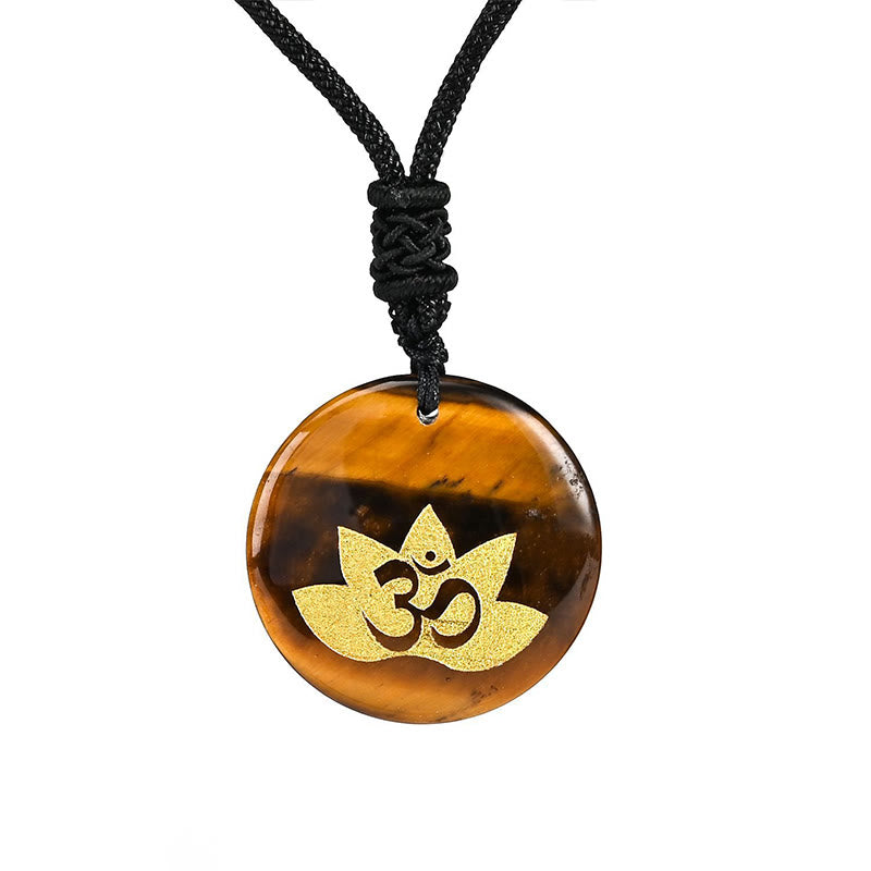 Fortune Jewel OM Lotus Symbol Various Crystal Amethyst Tiger Eye Healing Necklace Pendant