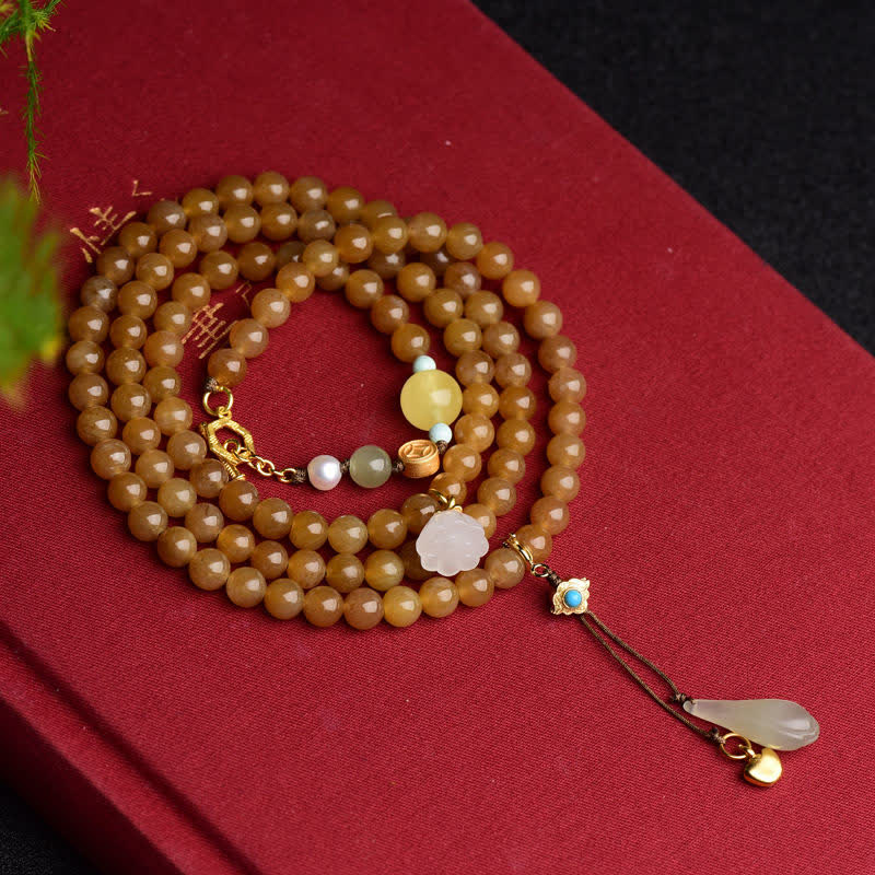 Fortune Jewel Natural Hetian Topaz Amber Lotus White Jade Pearl Success Bracelet