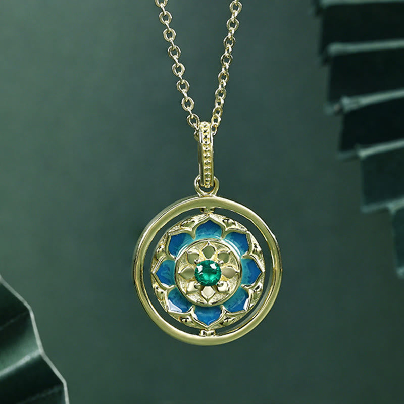 Fortune Jewel 925 Sterling Silver Lotus Flower Floral Zircon Enlightenment Rotatable Necklace Pendant Fortune Jewel