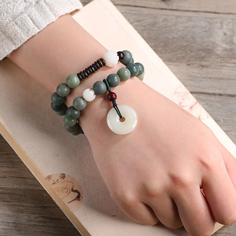 Fortune Jewel Cyan Bodhi Seed Lotus Jade Peace Buckle Wisdom Double Wrap Bracelet