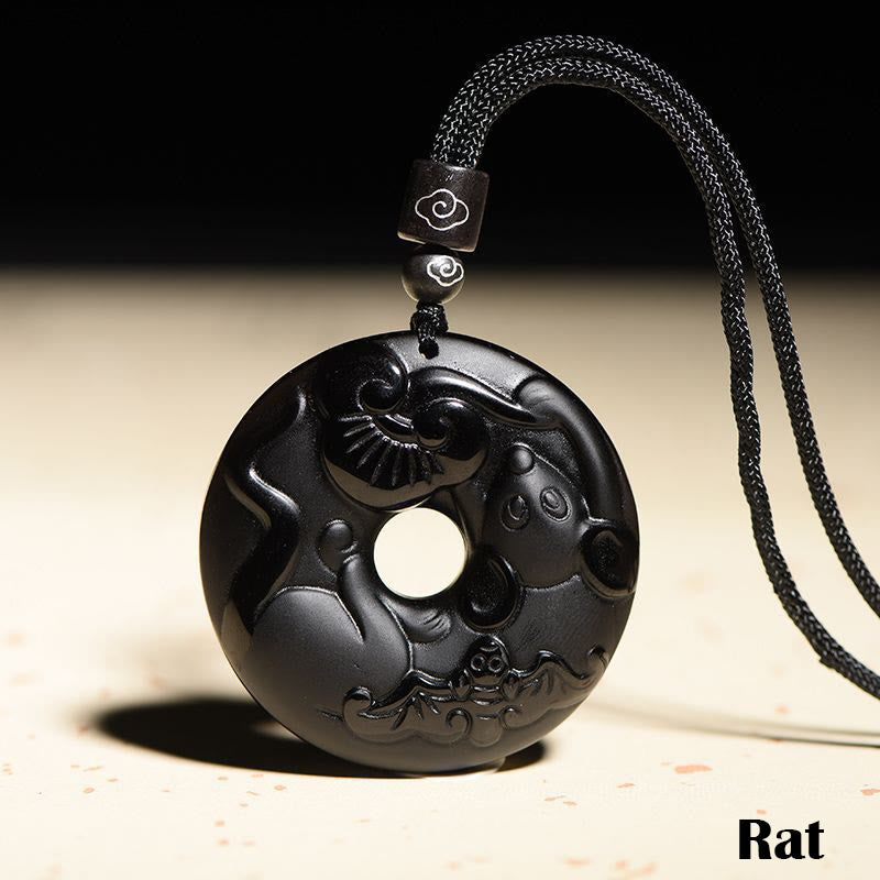 Fortune Jewel Chinese Zodiac Natural Black Obsidian Peace Buckle Strength Necklace Pendant