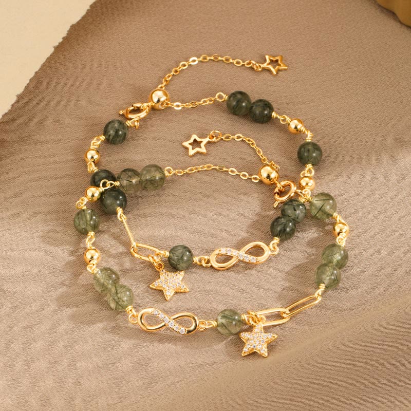 Fortune Jewel 14k Gold Plated Copper Green Rutilated Quartz Möbius Loop Eternal Love Star Protection Bracelet