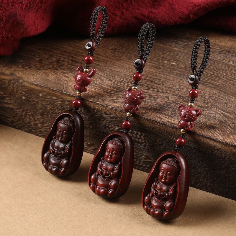 Fortune Jewel Small Leaf Red Sandalwood Buddha Cinnabar Chinese Zodiac Amulet Protection Key Chain