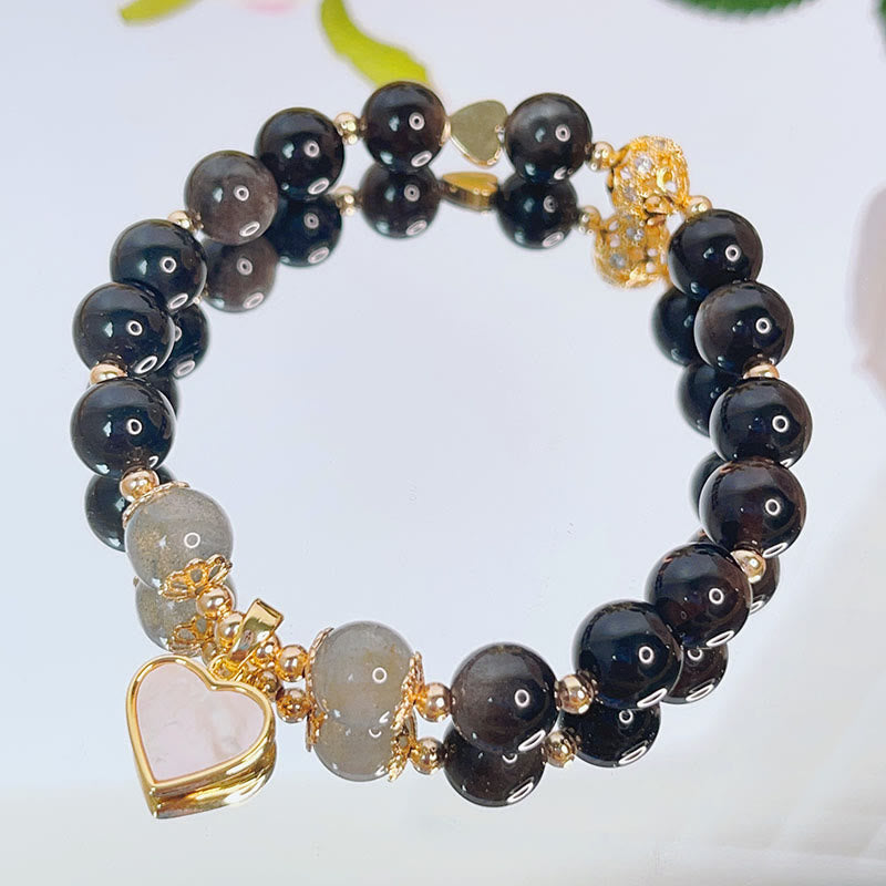 Fortune Jewel Natural Silver Sheen Obsidian Love Heart Star Flower Protection Bracelet