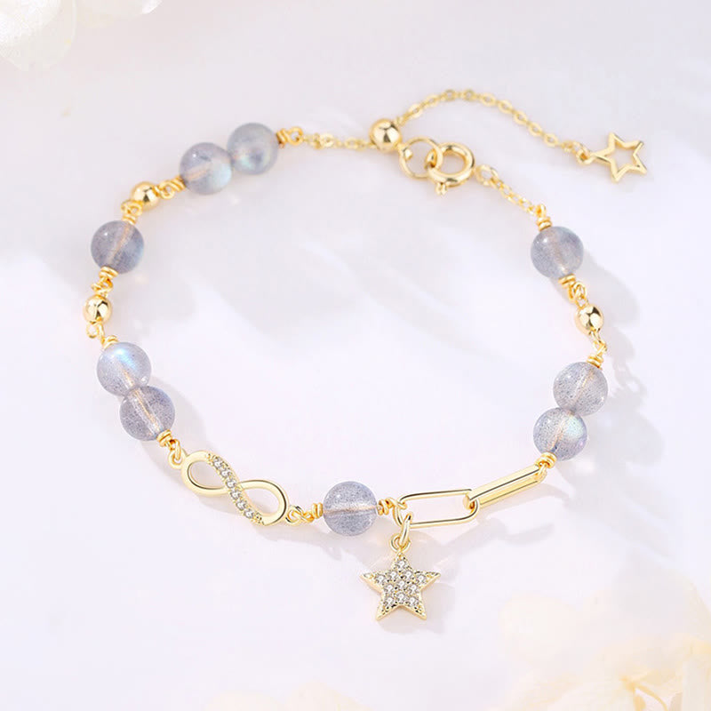 Fortune Jewel 14K Gold Plated Natural Strawberry Quartz Moonstone Möbius Loop Eternal Love Star Positive Bracelet