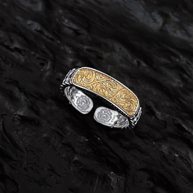 Fortune Jewel Tang Dynasty Flower Design Engraved Copper Luck Cuff Bracelet Bangle Adjustable Ring