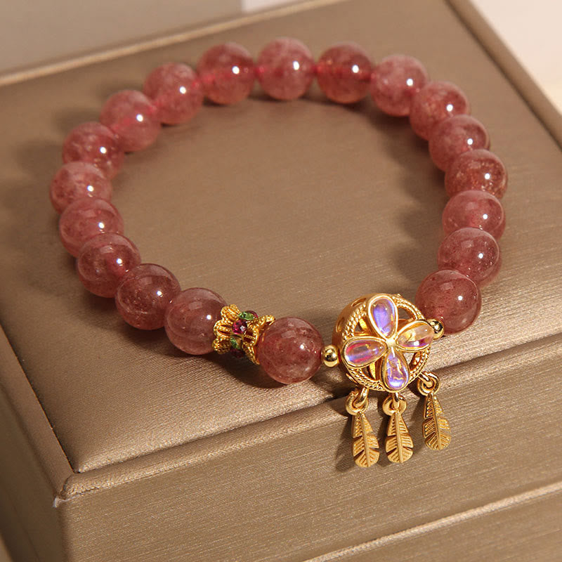 Fortune Jewel Natural Strawberry Quartz Four Leaf Clover Dreamcatcher Charm Love Bracelet