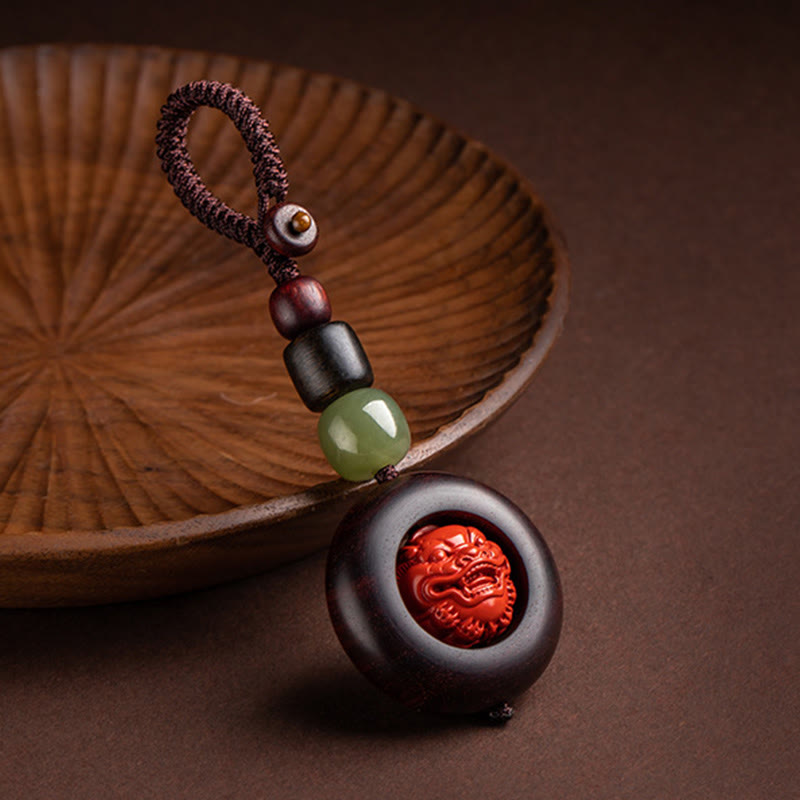 Fortune Jewel Tibet Om Mani Padme Hum PiXiu Copper Coin Small Leaf Red Sandalwood Cinnabar Protection Key Chain