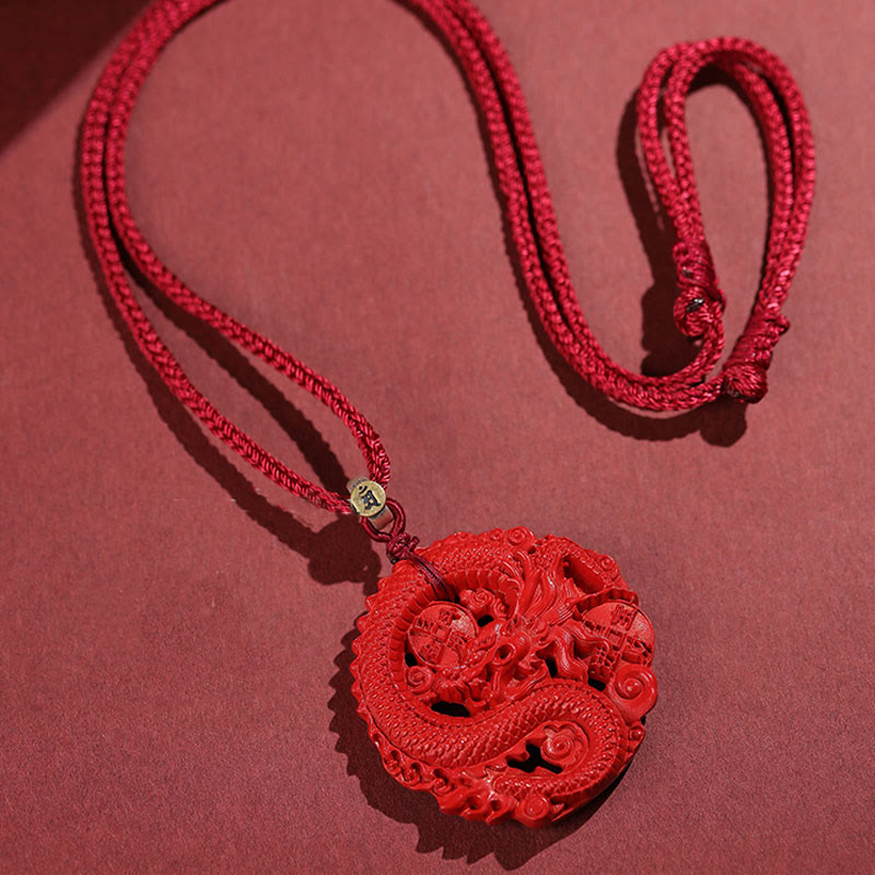 Fortune Jewel Year of the Dragon 925 Sterling Silver Natural Cinnabar Copper Coin Luck Necklace Pendant