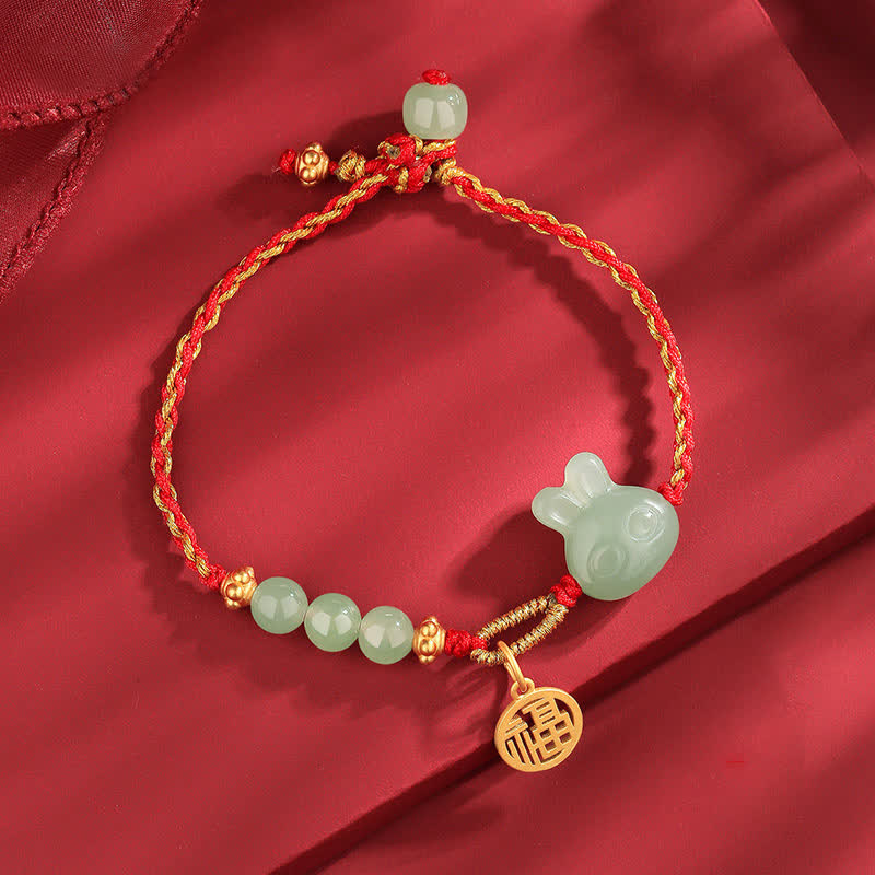 Fortune Jewel 925 Sterling Silver Year of the Rabbit Hetian Jade Happiness Luck Red String Bracelet