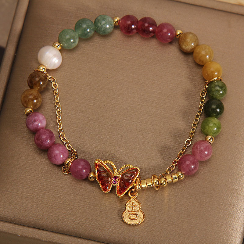 Fortune Jewel Natural Colorful Tourmaline Butterfly Auspicious Character Gourd Charm Positive Bracelet
