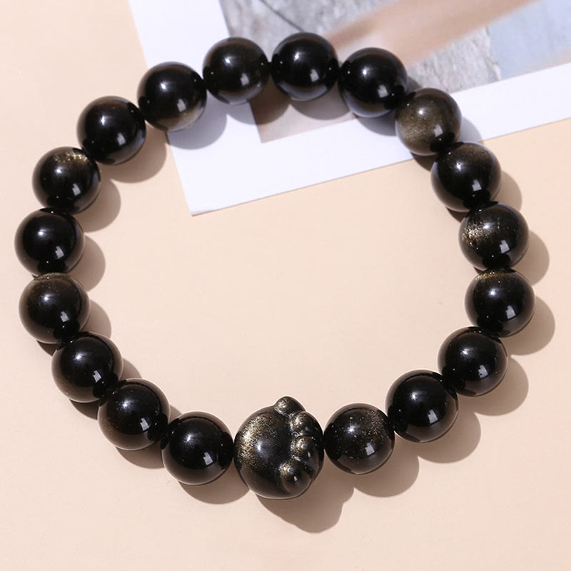Fortune Jewel Natural Gold Sheen Obsidian Silver Sheen Obsidian Cute Cat Paw Claw Wealth Bracelet