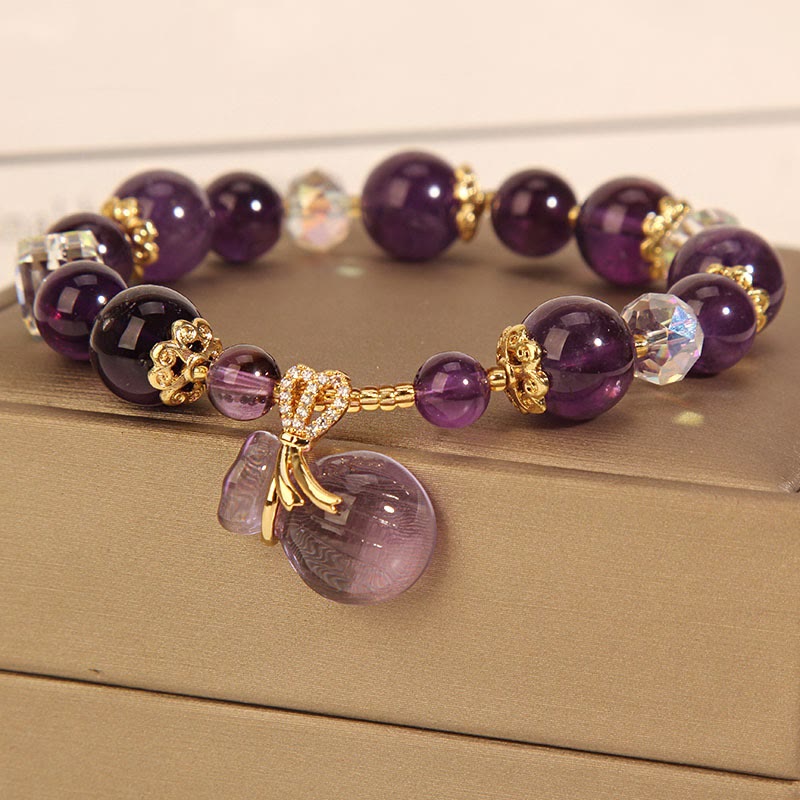 Fortune Jewel Natural Amethyst Crystal Money Bag Charm Positive Bracelet