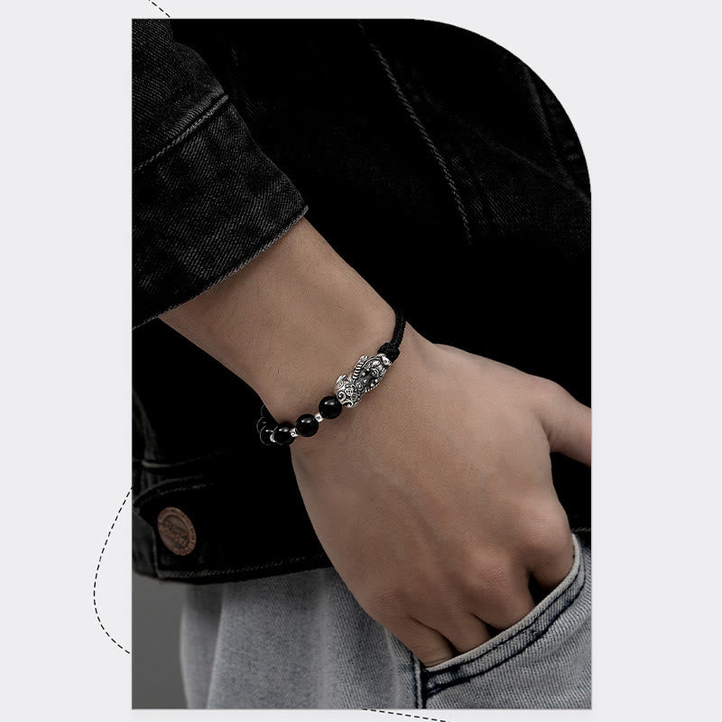 Fortune Jewel 999 Sterling Silver FengShui PiXiu Natural Black Obsidian 925 Sterling Silver Bead Strength Bracelet