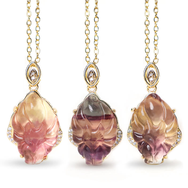 Fortune Jewel Natural Colorful Fluorite Nine Tailed Fox Protection Necklace Pendant
