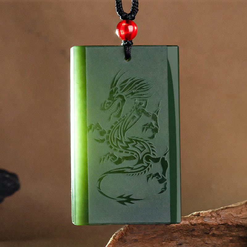 Fortune Jewel Hetian Cyan Jade Dragon Engraved Success Necklace Pendant Fortune Jewel