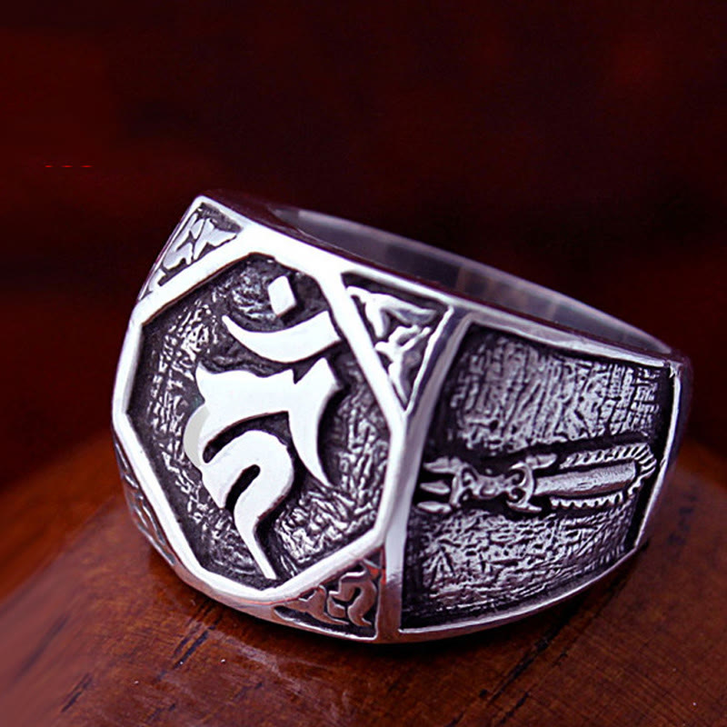 Fortune Jewel 925 Sterling Silver Sanskrit Design Carved Protection Adjustable Ring