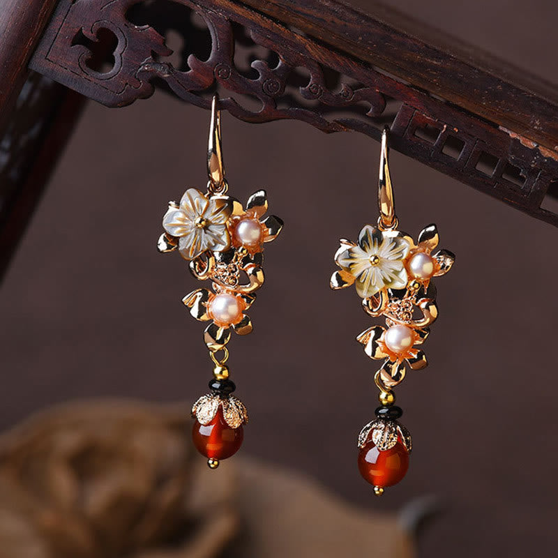 Fortune Jewel 14K Gold Plated Tridacna Stone Flower Pearl Green Aventurine Bead Drop Earrings