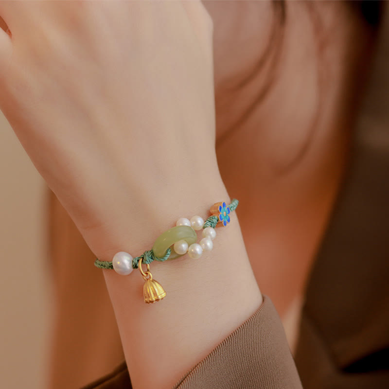Fortune Jewel Natural Hetian Jade Peace Buckle Pearl Luck Handcrafted Braided Bracelet