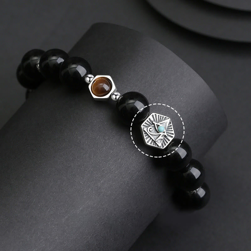 Fortune Jewel 925 Sterling Silver Black Obsidian Tiger Eye Eye of Providence Purification Bracelet