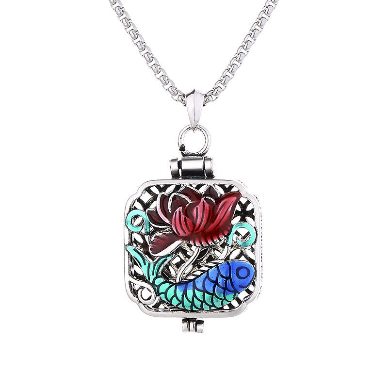 Fortune Jewel Koi Fish Lotus Copper Coins Luck Ghau Prayer Box Necklace Pendant Fortune Jewel