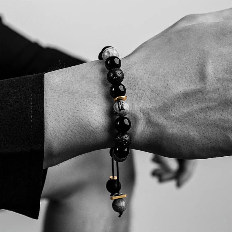 Fortune Jewel Black Obsidian Lava Rock Stone Yin Yang Strength Bracelet