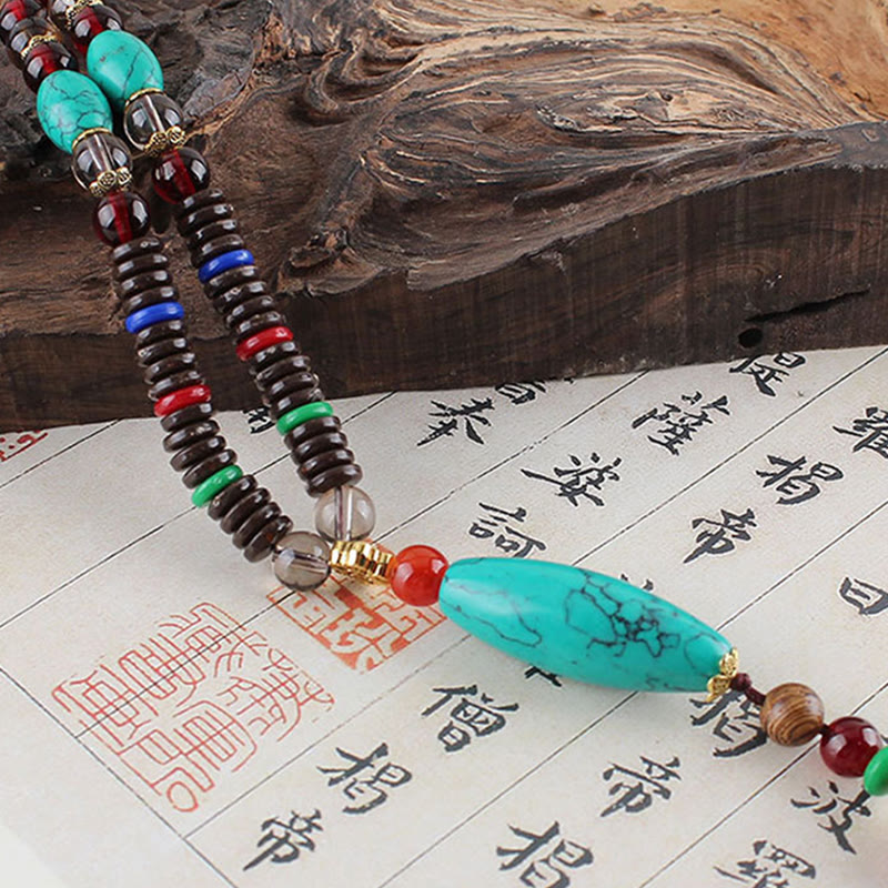 Fortune Jewel Wenge Wood Turquoise Stone Protection Calm Necklace Pendant