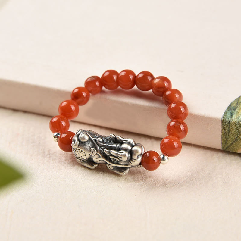 Fortune Jewel 925 Sterling Silver Natural Garnet Moonstone Red Agate PiXiu Wealth Ring