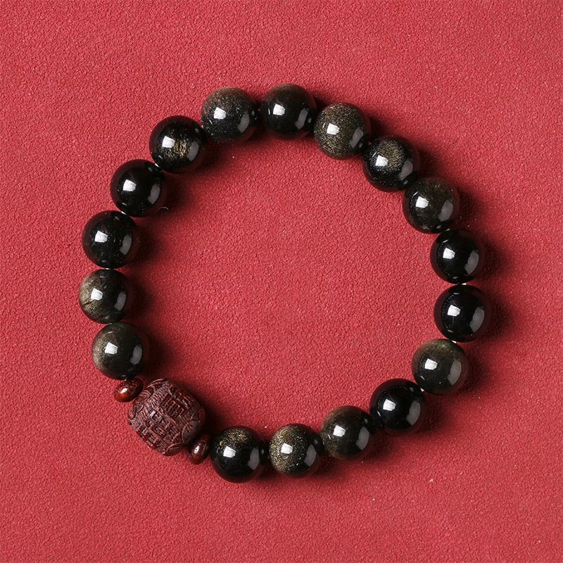 Fortune Jewel Natural Gold Sheen Obsidian Rainbow Obsidian Om Mani Padme Hum Fu Character Healing Bracelet