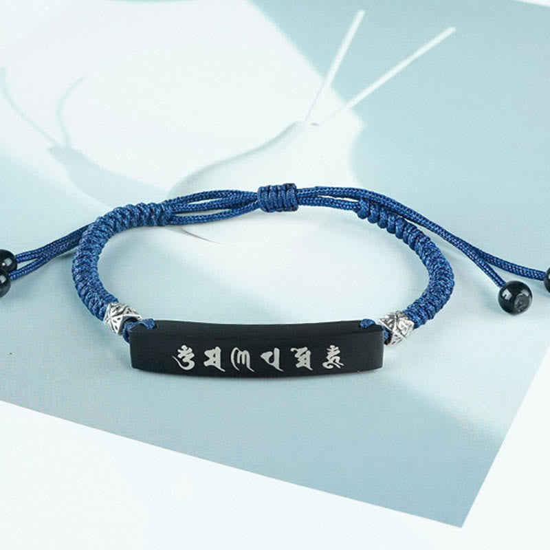 Fortune Jewel Buddhism Six True Words Wood Ebony Wood Silver Inlaid Protection Bracelet