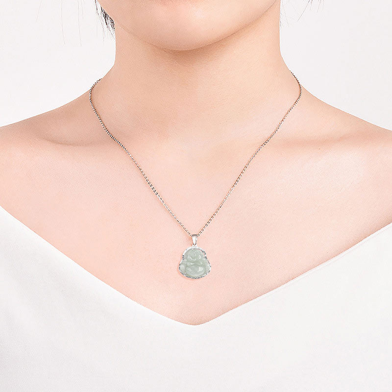 Fortune Jewel Laughing Buddha Jade Luck Calm Titanium Steel Chain Necklace Pendant Fortune Jewel