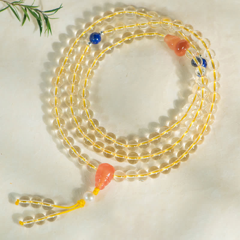Fortune Jewel 108 Mala Beads 925 Sterling Silver Natural Citrine Red Agate White Jade Prosperity Charm Bracelet
