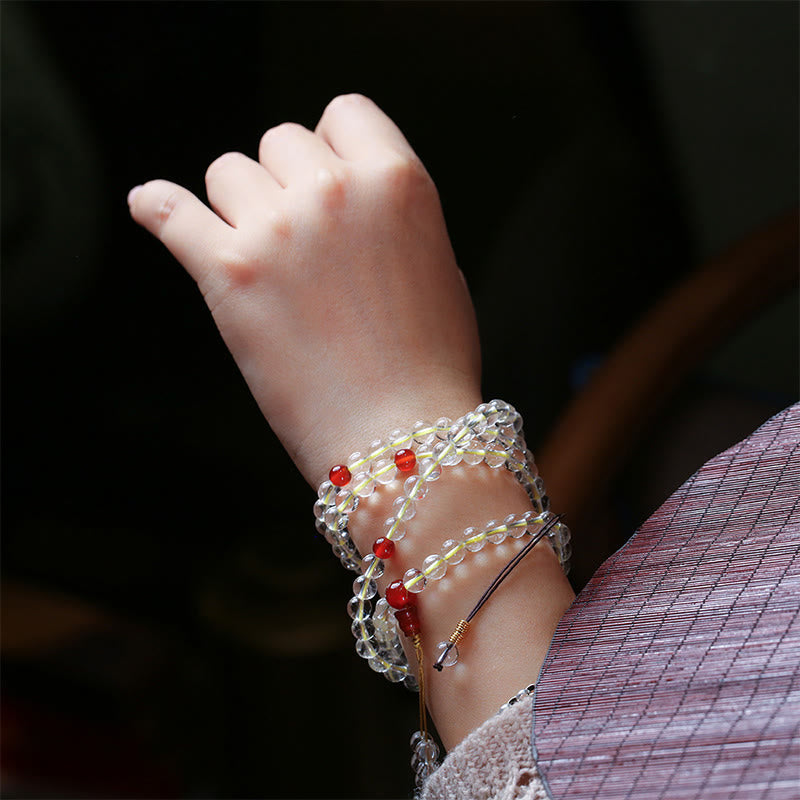 Fortune Jewel 108 Mala Beads 925 Sterling Silver Natural White Agate Red Agate Quadruple Wrap Protection Bracelet