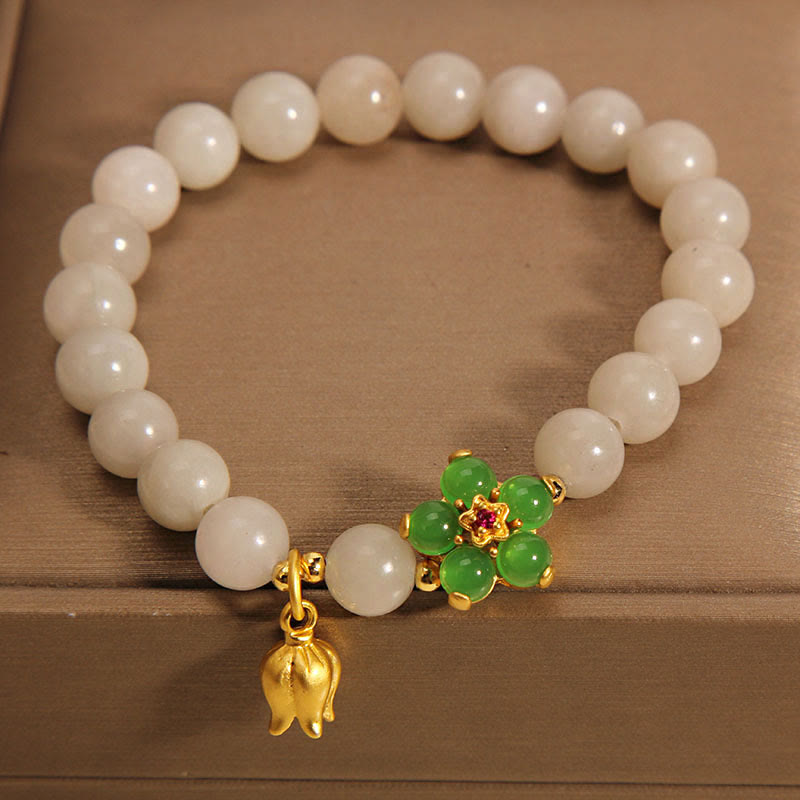 Fortune Jewel Natural Jade Green Flower Lily Of The Valley Luck Bracelet