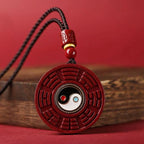 Fortune Jewel Natural Cinnabar Bagua Rotatable Yin Yang Keep Away Evil Spirits Necklace Pendant