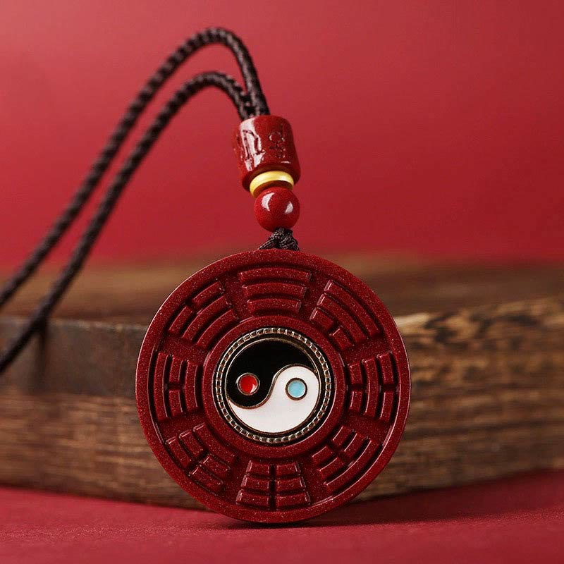 Fortune Jewel Natural Cinnabar Bagua Rotatable Yin Yang Keep Away Evil Spirits Necklace Pendant