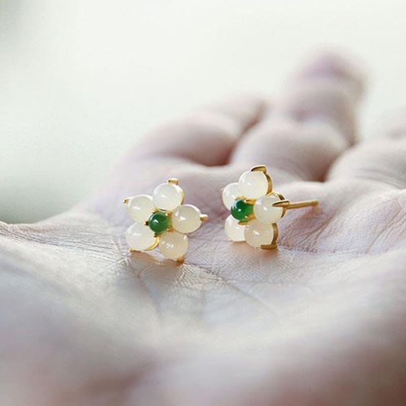 Fortune Jewel White Jade Flower Luck Blessing Stud Earrings