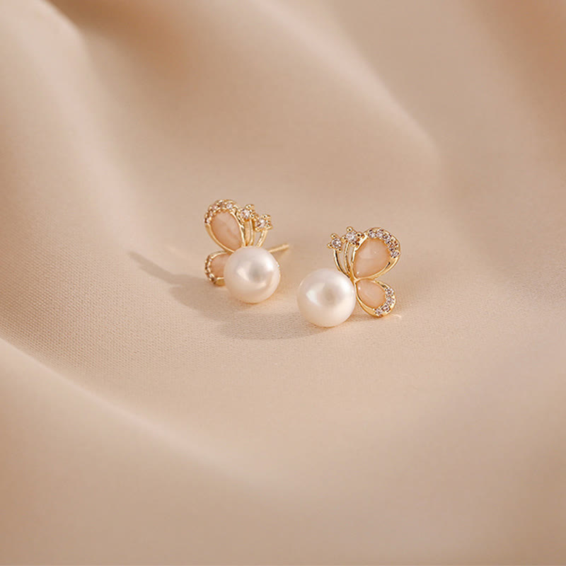 Fortune Jewel 18k Gold Plated Pearl Butterfly Love Freedom Stud Earrings