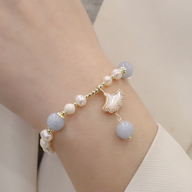 Fortune Jewel Natural Aquamarine Pearl Healing Ginkgo Leaf Butterfly Charm Bracelet