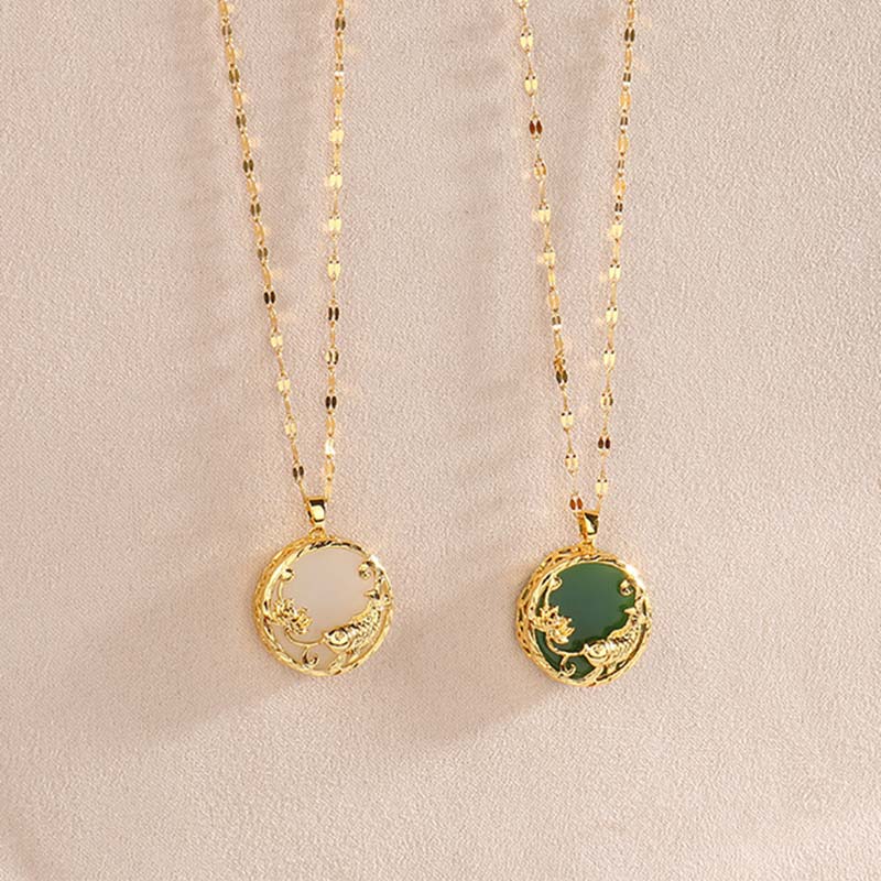 Fortune Jewel Natural Jade Koi Fish Lotus Luck Necklace Pendant