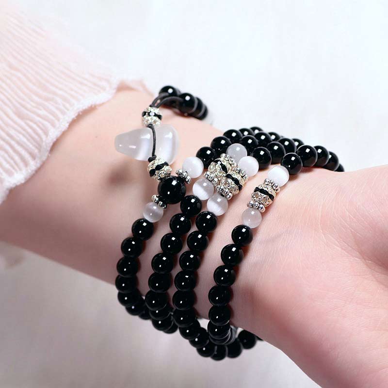 Fortune Jewel Black Onyx White Crystal Bead Meditation Bracelet
