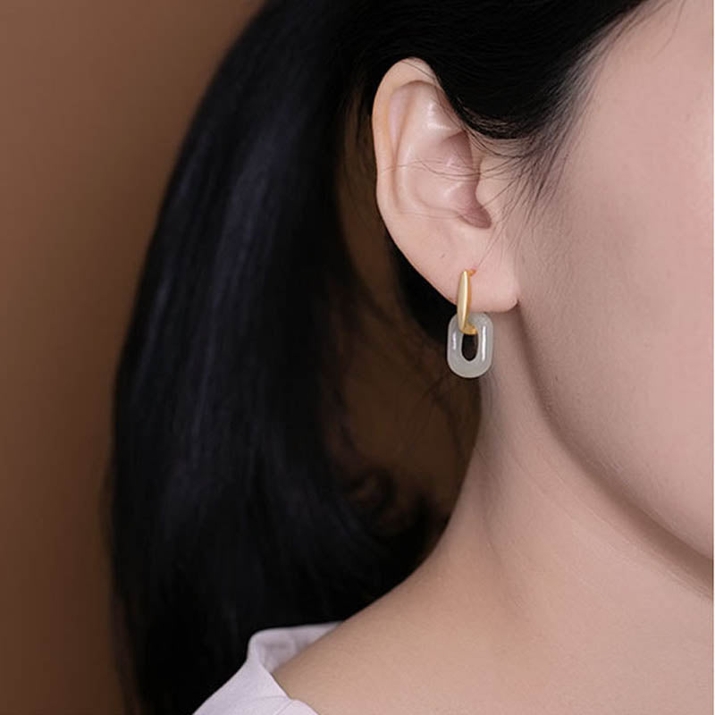 Fortune Jewel 925 Sterling Silver Round White Jade Happiness Blessing Earrings