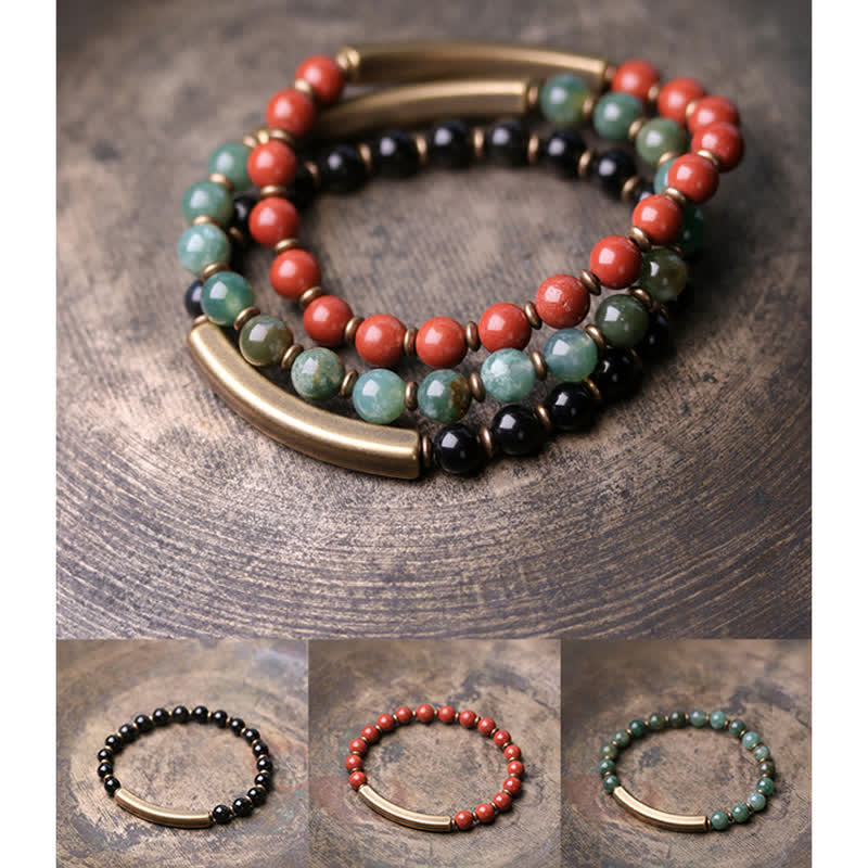Fortune Jewel Red Jasper Moss Agate Black Obsidian Crystal Copper Peace Couple Bracelet