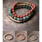 Fortune Jewel Red Jasper Moss Agate Black Obsidian Crystal Copper Peace Couple Bracelet