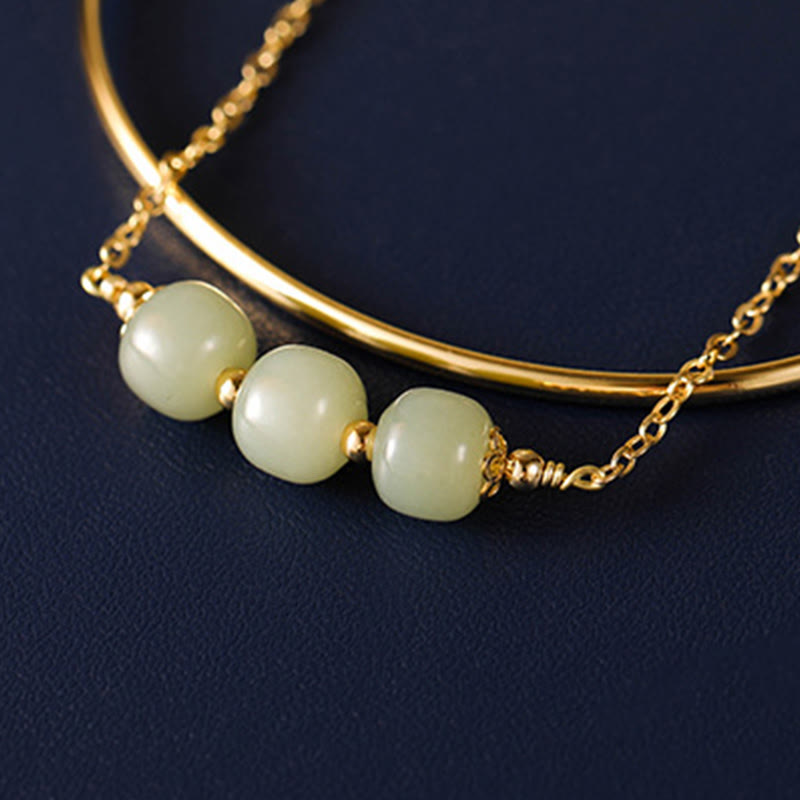 Fortune Jewel Copper Plated Gold Hetian Jade Bead Luck Double Layer Bracelet Bangle