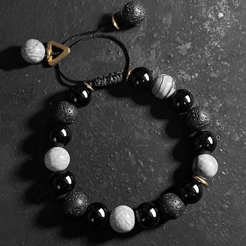 Fortune Jewel Black Obsidian Lava Rock Stone Yin Yang Strength Bracelet