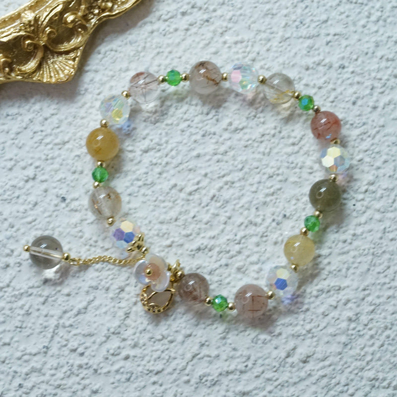 Fortune Jewel Strawberry Quartz Rutilated Quartz Fluorite Flower Healing Bracelet