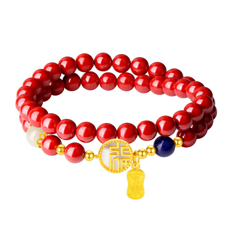 Fortune Jewel 925 Sterling Silver Cinnabar Tridacna Stone Fu Character Double Wrap Blessing Bracelet